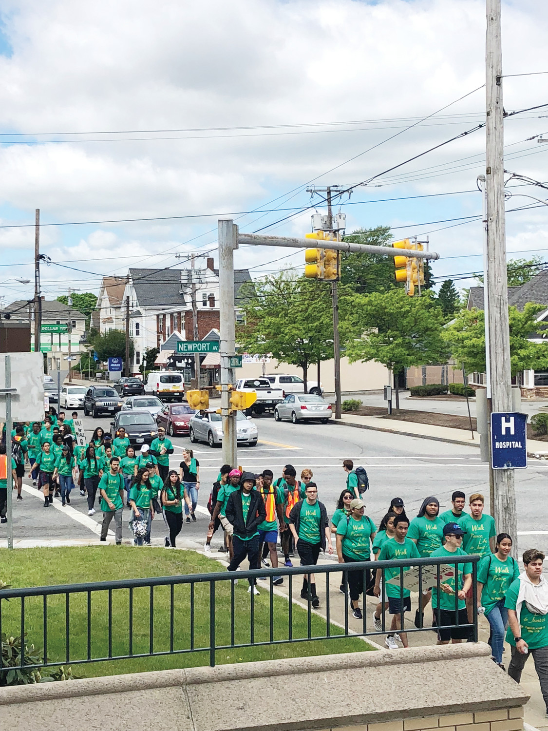 Students at St. Patrick Academy walk with a purpose to shine light on issues of violence and discrimination during their recent trek to La Salette Shrine in Attleboro, Mass.